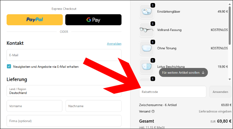 Wende deinen Eyeglass24 Rabattcode an der Kasse an