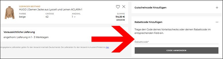 engelhorn Rabattcode im Warenkorb eingeben