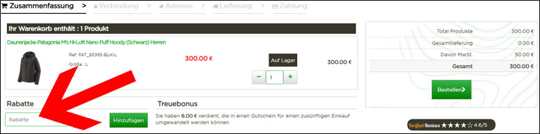 Den Alpinstore Rabattcode im Warenkorb eingeben