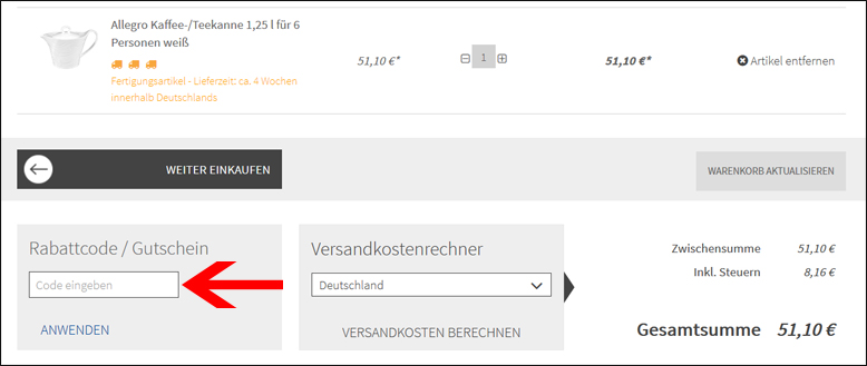 Gutschein im Warenkorb angeben Seltmann Weiden Rabattcode im Warenkorb einlösen