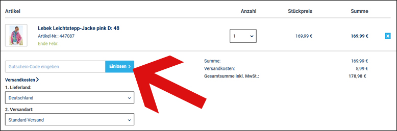 Hier löst du deinen Gutscheincode ein Den SEALAND24 Gutschein im Warenkorb aktivieren