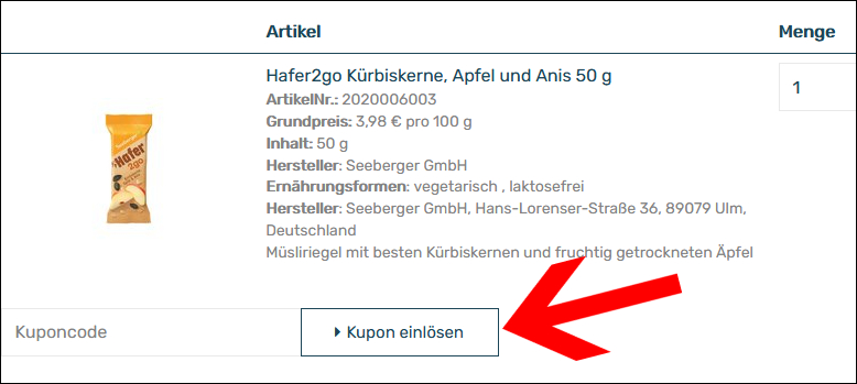 Löse deinen Coupon im Warenkorb ein Die Seeberger Aktion kann im Warenkorb aktiviert werden