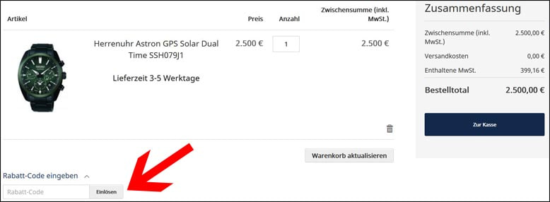 Hier den Code eintragen Den Seiko Deal im Warenkorb ergattern