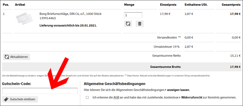 Den Gutscheincode an dieser Stelle einlösen Den Deutsche Post Gutschein im Warenkorb einfügen