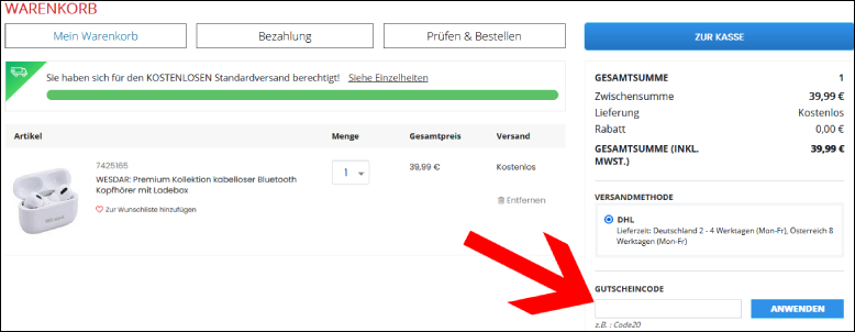 Gutscheincode hier anwenden Shop LC Gutschein im Warenkorb einlösen