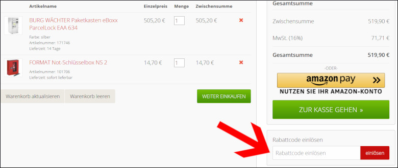 Ein Sicher24 Rabattcode wird im Warenkorb eingelöst Ein Sicher24 Gutschein wird im Warenkorb eingegeben