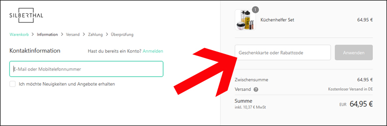 So löst du deinen Gutschein im Warenkorb richtig ein SILBERTHAL Rabattcode im Warenkorb einlösen