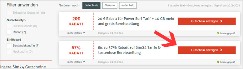 Lass dich über einen Sim24 Coupon zur Aktion weiterleiten Über den Sim24 Gutschein zur Aktion weiterleiten lassen