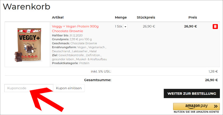 Ein sinob Rabatt Code wird im Warenkorb eingegeben Ein sinob Gutschein wird im Warenkorb eingegeben