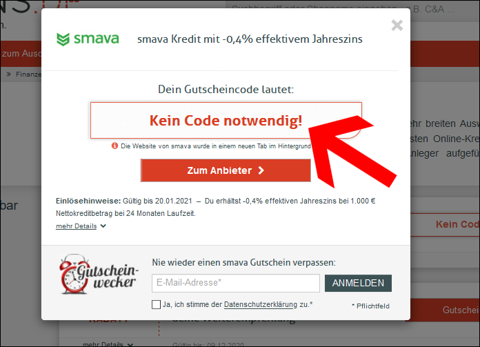 Du benötigst keinen Gutscheincode Lass dich für deinen smava Gutschein einfach weiterleiten.