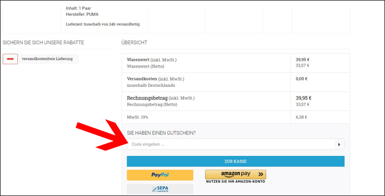 Deinen Sneakerprofi Gutscheincode verwendest du im Warenkorb Füge deinen Sneakerprofi Gutschein im Warenkorb ein