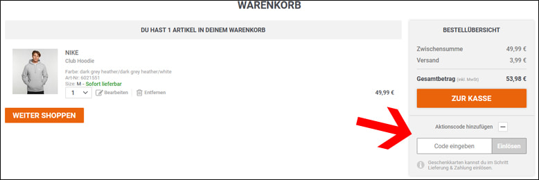 Gutscheincode einlösen SNIPES Gutschein im Warenkorb einlösen