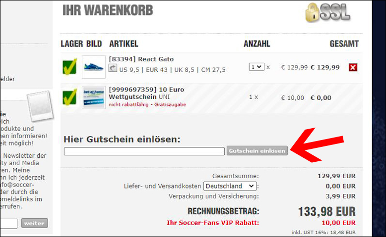 Rabattcode hier eingeben Soccer-Fans-Shop Gutschein im Warenkorb einlösen