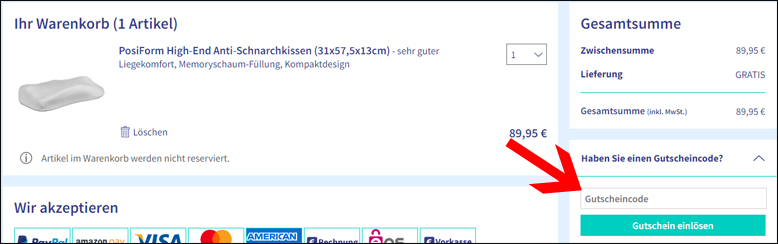 Rabattcode im Warenkorb einfügen Somnishop Gutschein im Warenkorb eingeben