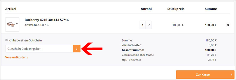 Gutscheincode im Warenkorb eingeben Sonnenbrillen.de Gutschein im Warenkorb einlösen