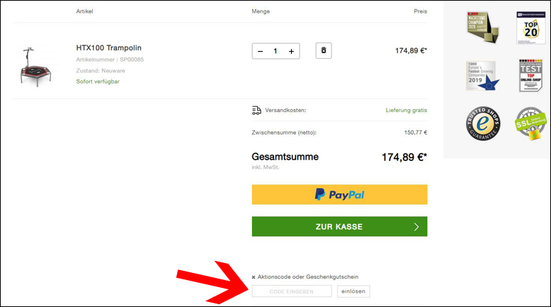 Gutscheincode hier eingeben SPORTSTECH Gutschein im Warenkorb einlösen