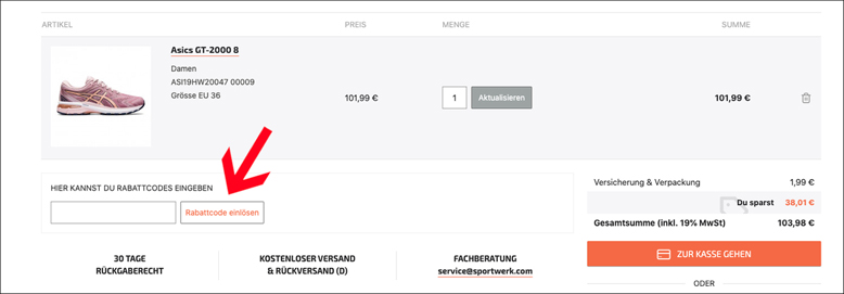 Gutscheincode hier eintragen Sportwerk Gutschein im Warenkorb einlösen