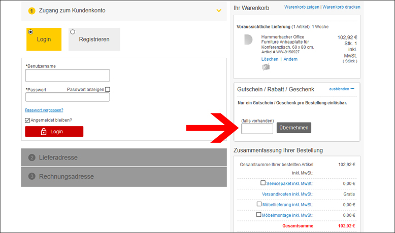 Gutschein hier einlösen Office Centre Gutschein im ersten Bestellschritt einlösen