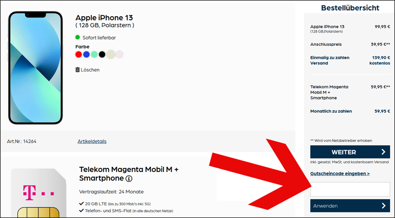 Hier löst du deinen Rabatt ein Den starmobile Gutscheincode im Warenkorb aktivieren