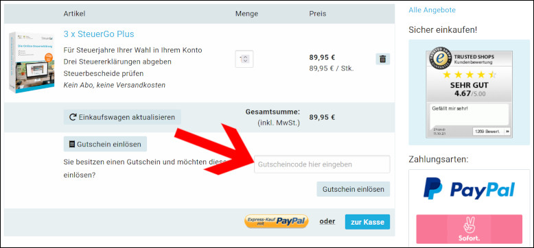 Den Voucher im Warenkorb einlösen Den SteuerGo Gutschein im Warenkorb einlösen