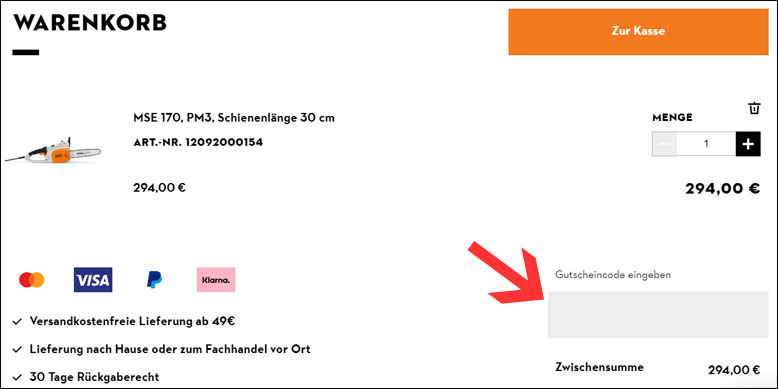 Code im Warenkorb eingeben STIHL Gutschein im Warenkorb einfügen
