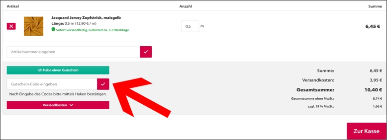 Gib den Code im Warenkorb an Stoffe Schulz Gutschein im Warenkorb einlösen