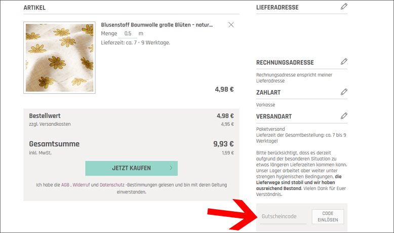 Gutscheincode hier eingeben Stoffe.de Gutschein im letzten Bestellschrit einlösen