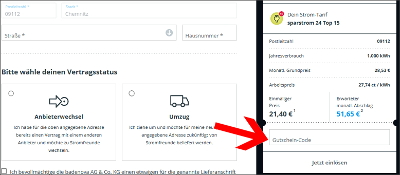 Der Gutschein wird an dieser Stelle eingelöst Der Stromfreunde Gutscheincode wird im Bestellschritt 'Verbrauchsstelle' eingelöst