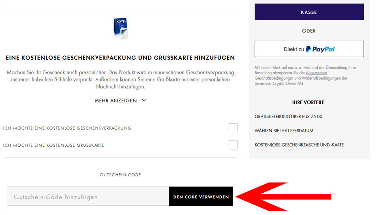 Löse den Gutschein im Warenkorb ein Löse den Swarovski Gutscheincode im Warenkorb ein