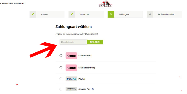 Hier deinen Gutscheincode eingeben Tackenberg Gutschein im 2. Bestellschritt einlösen