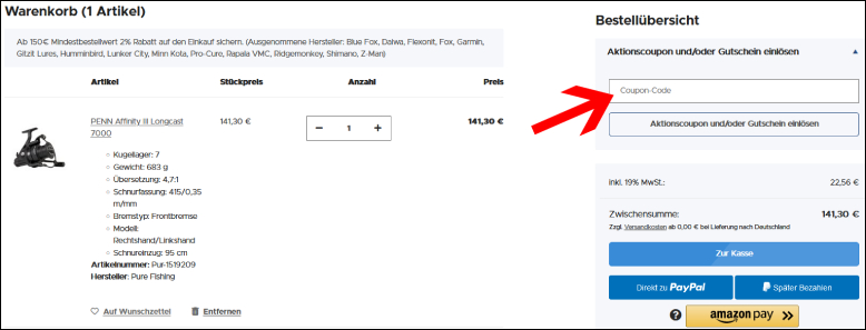 Coupon-Code eingeben Tackle Deals Gutschein im Warenkorb einlösen