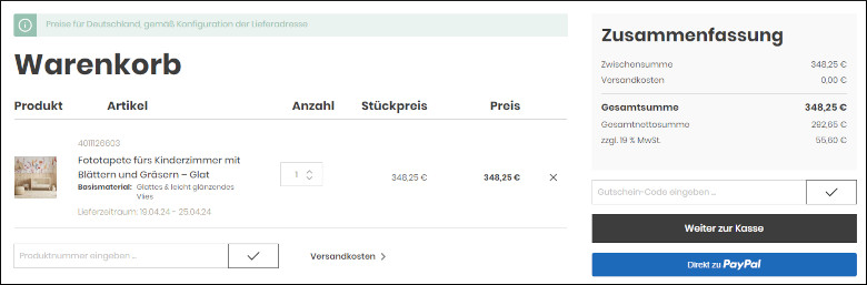 Code im Warenkorb eingeben Tapetenshop Gutscheincode im Warenkorb einfügen