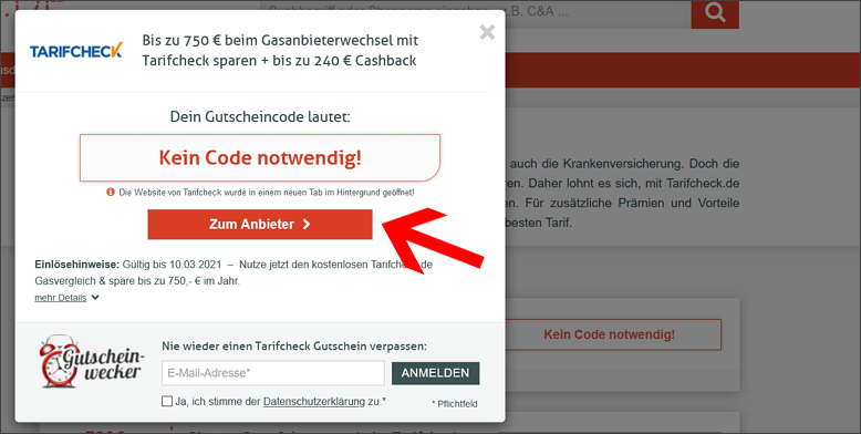 So gelangst du direkt zur Tarifcheck Aktion Der Tarifcheck Gutschein wird eingelöst