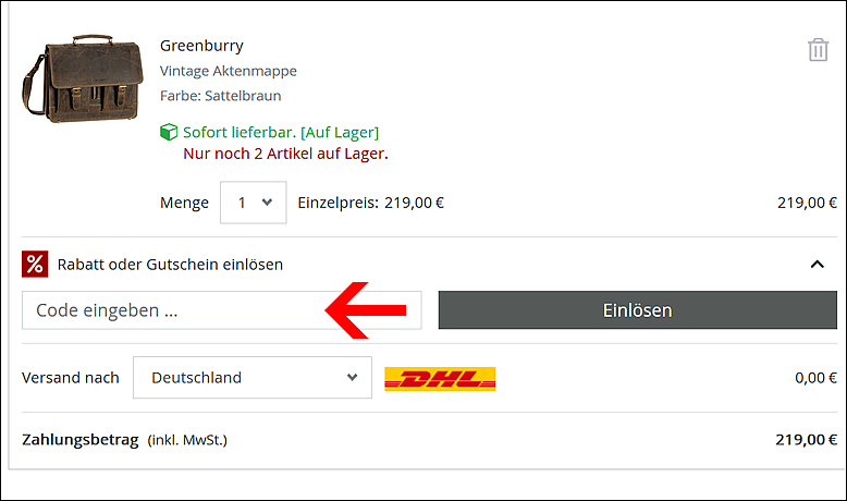 Im Warenkorb löst du deinen Taschenkaufhaus Gutscheincode ein Im Warenkorb löst du deinen Taschenkaufhaus Gutschein ein