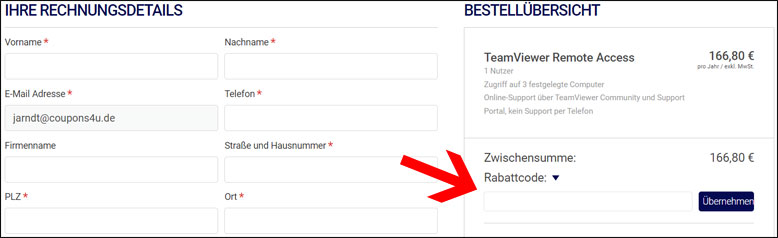 Gutschein im Bestellverlauf eingeben TeamViewer Rabatt Code im Bestellverlauf einfügen