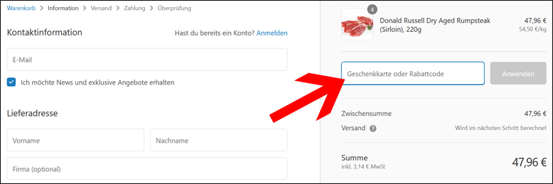 Den Tellermitte Gutschein während der Bestellung einloesen Einen Tellermitte Rabattcode im Bestellprozess angeben