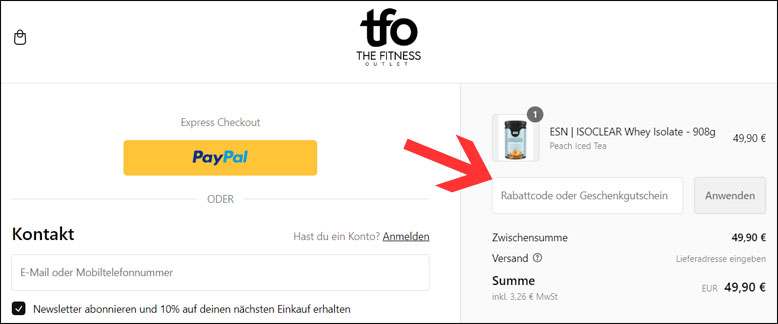 Code an der Kasse einfügen The Fitness Outlet Rabattcode an der Kasse eingeben