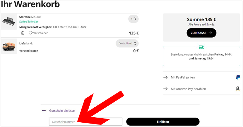 Rabattcode im Warenkorb eingeben Thomann Gutschein im Warenkorb einlösen