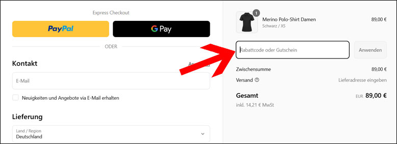 Code an der Kasse eingeben TOM FYFE Rabattcode an der Kasse einfügen