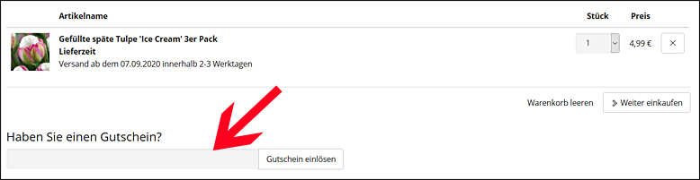 So wird der tomgarten Gutscheincode eingelöst Ein tomgarten Gutschein wird im Warenkorb eingelöst