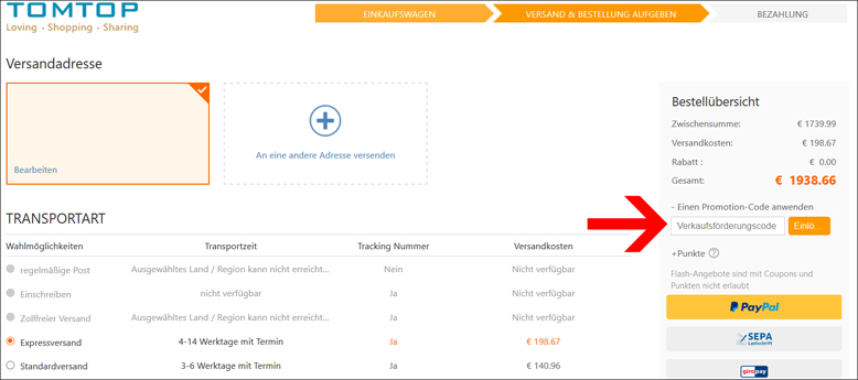 Gutscheincode hier eingeben Tomtop Gustchein nach der Anmeldung einlösen