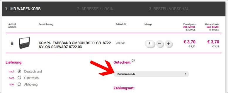 Löse den tonermacher Gutscheincode im Feld ein Einen tonermacher Gutschein im Warenkorb einlösen