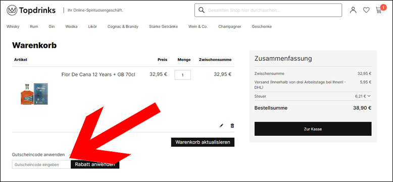 Topdrinks.de Gutscheincode im Warenkorb einlösen Topdrinks Gutschein im Warenkorb einlösen