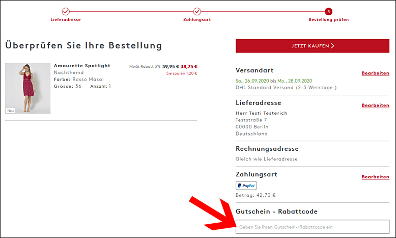 Einen Triumph Gutscheincode im 3. Bestellschritt einlösen Der Triumph Gutschein wird im Bestellschritt 'Bestellung Prüfen' eingelöst