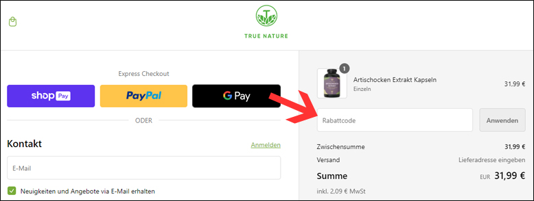 Code an der Kasse eingeben True Nature Rabattcode an der Kasse einfügen