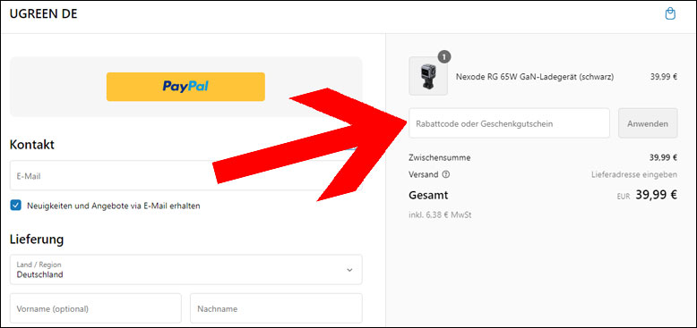 Den Gutschein im Warenkorb einlösen Den UGREEN Rabattcode im Warenkorb einlösen