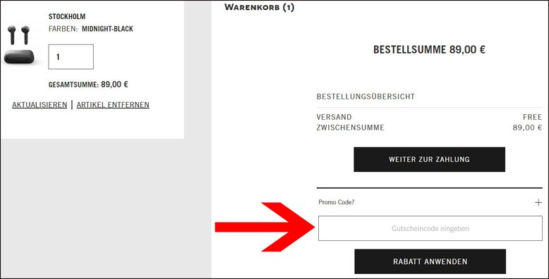 Gutschein im Warenkorb einlösen Urbanista Rabatt im Warenkorb anwenden