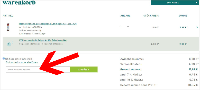 Gutscheincode hier eingeben Velivery Gutschein im Warenkorb einlösen