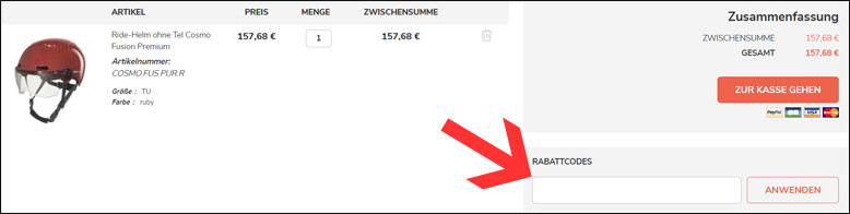 Code im Warenkorb eingeben Velo Store Gutschein im Warenkorb einfügen