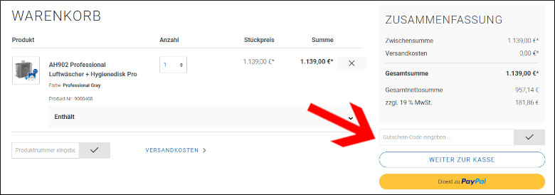 Gutscheincode hier eintragen Gutschein Venta im Warenkorb einlösen